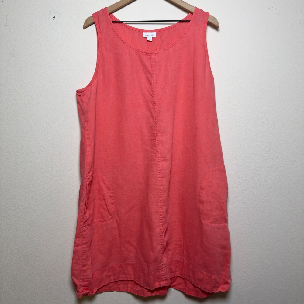 J. Jill Women 100% Love Linen Shift Dress XL Pink Coral Sleeveless Pockets Lagen